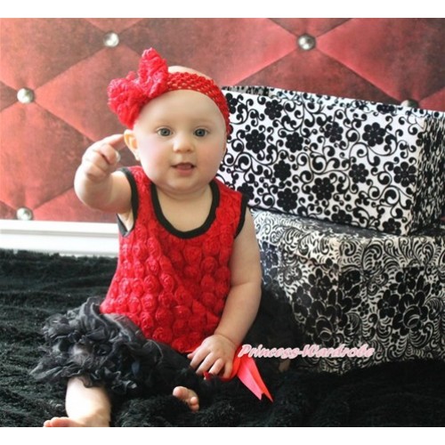 Valentine's Day Red Romantic Rose Baby Bodysuit Jumpsuit Black Pettiskirt & Red Bow With Red Headband Red Roes Bow JS3020 